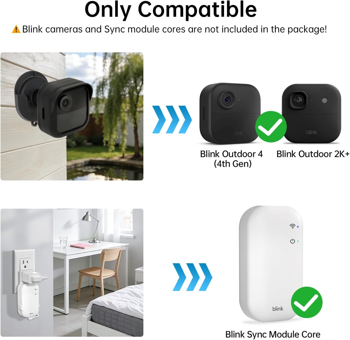 No Drill Weatherproof Wall Mount for Blink Outdoor 4 and Blink Outdoor 2K+ Camera System, 3 Pack Silicone Protective Case Cover and Adhesive Brackets, with Outlet Holder for Sync Module Core