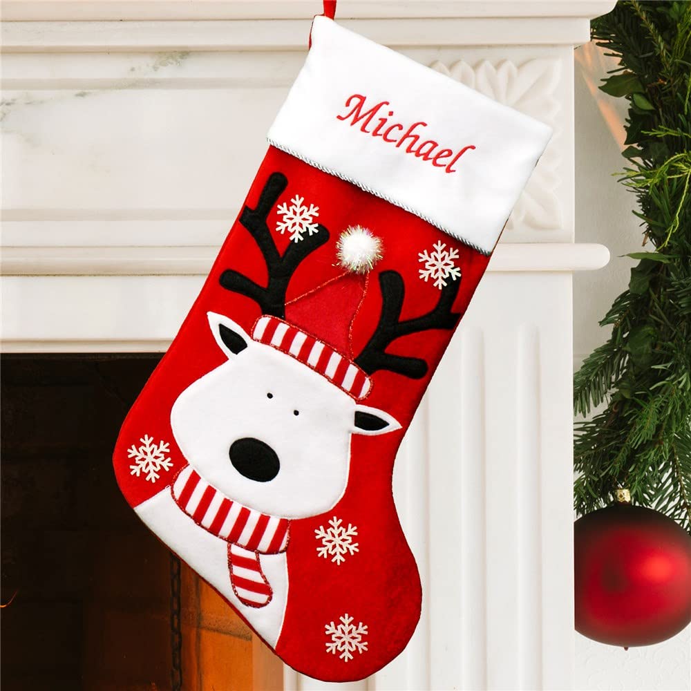 GiftsForYouNow Reindeer Personalized Christmas Stocking, Embroidered, Adorable Christmas Stocking, Customized X-Mas Stocking, Any Name Christmas Stocking, Red and White Christmas Stocking