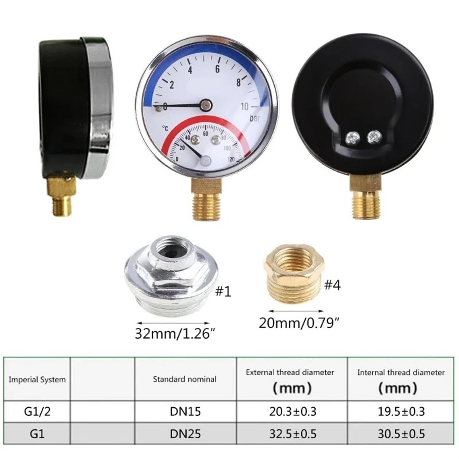2 in 1 manometro e termometro 10 bar misuratore di pressione temperatura 1 pz(G3 4)