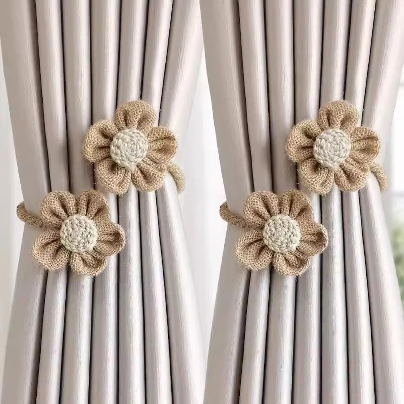 Image of Catchy Rope White & (Set of Brown Holders Holdback 2) Curtains Tieback Drapery Jute Tiebacks. Natural Decorative Window Neutral Combo Curtains Floral Curtain Beautiful (4, Complete Brown)