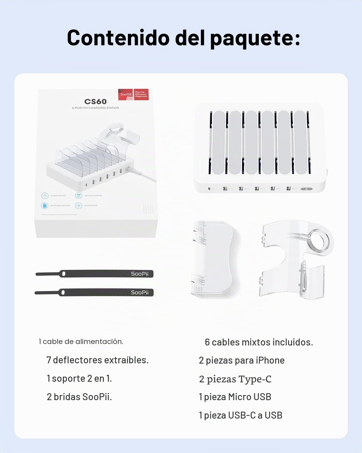 SooPii 60W Estación de Carga de 6 Puertos, PD 20W USB C Carga rápida para lPhone 14/13/12, 2 en 1 i Watch Holder, 6 Cables Cortos incluidos para teléfonos, tabletas y Otros, Blanco