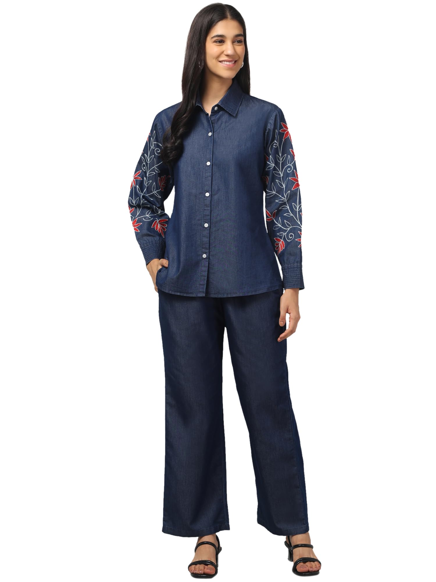 omasu fashion Women’s Denim-Look Co-Ord Set | Cotton Chambray Coord with Mandarin Collar Top & Jogger Pants | Full Sleeve | Dark Blue | Casual & Travel Wear-picture-39