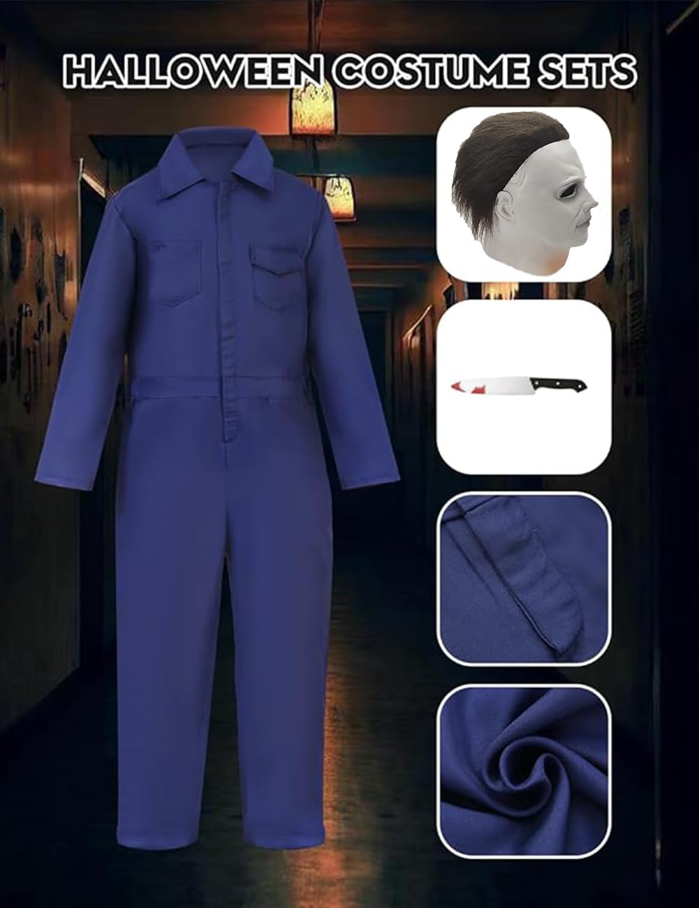 Halloween Navy Blue Coveralls Jumpsuit,Horror Killer Navy Cosplay Costume for Men, Includes Mask and Toy Knife