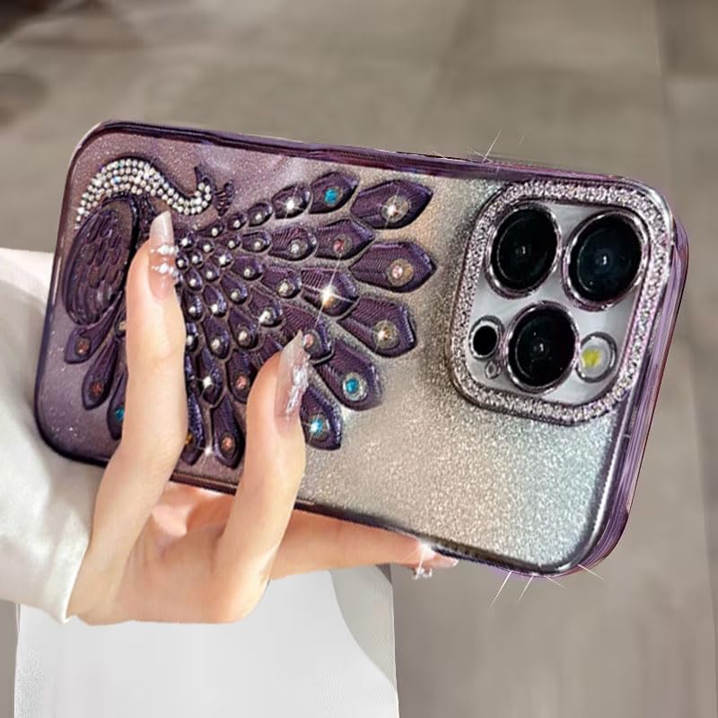 Image of mobistyle Case for iPhone 15 Pro,3D Diamond Luxury Electroplate Glitter Peacock Tail Bling Design Camera Protection Shockproof Phone Case for (Purple, iPhone 15 Pro)