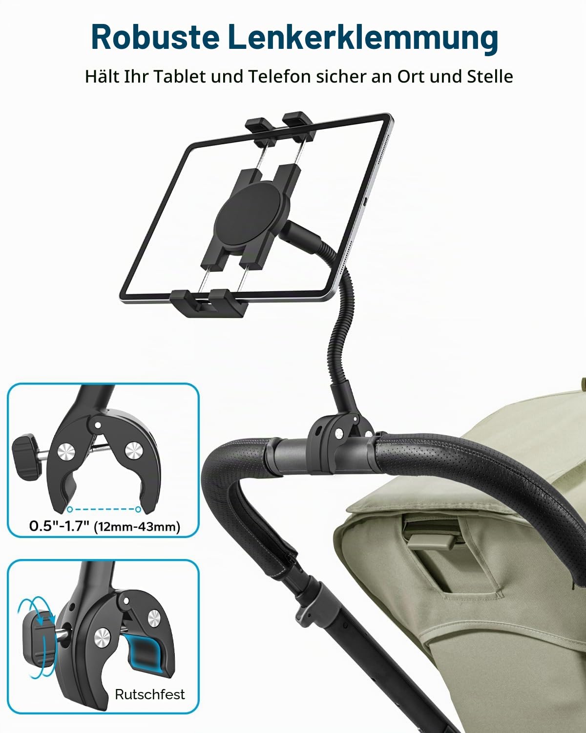 GDZN Tablet Halterung für Laufband, Heimtrainer Fahrrad, Spinning Bike, Rollstuhl, Kinderwagen, Kompatibel iPad Pro 12.9, Galaxy Tab, Kindle, Fire, Handys, 4.7-15.6" Tablets