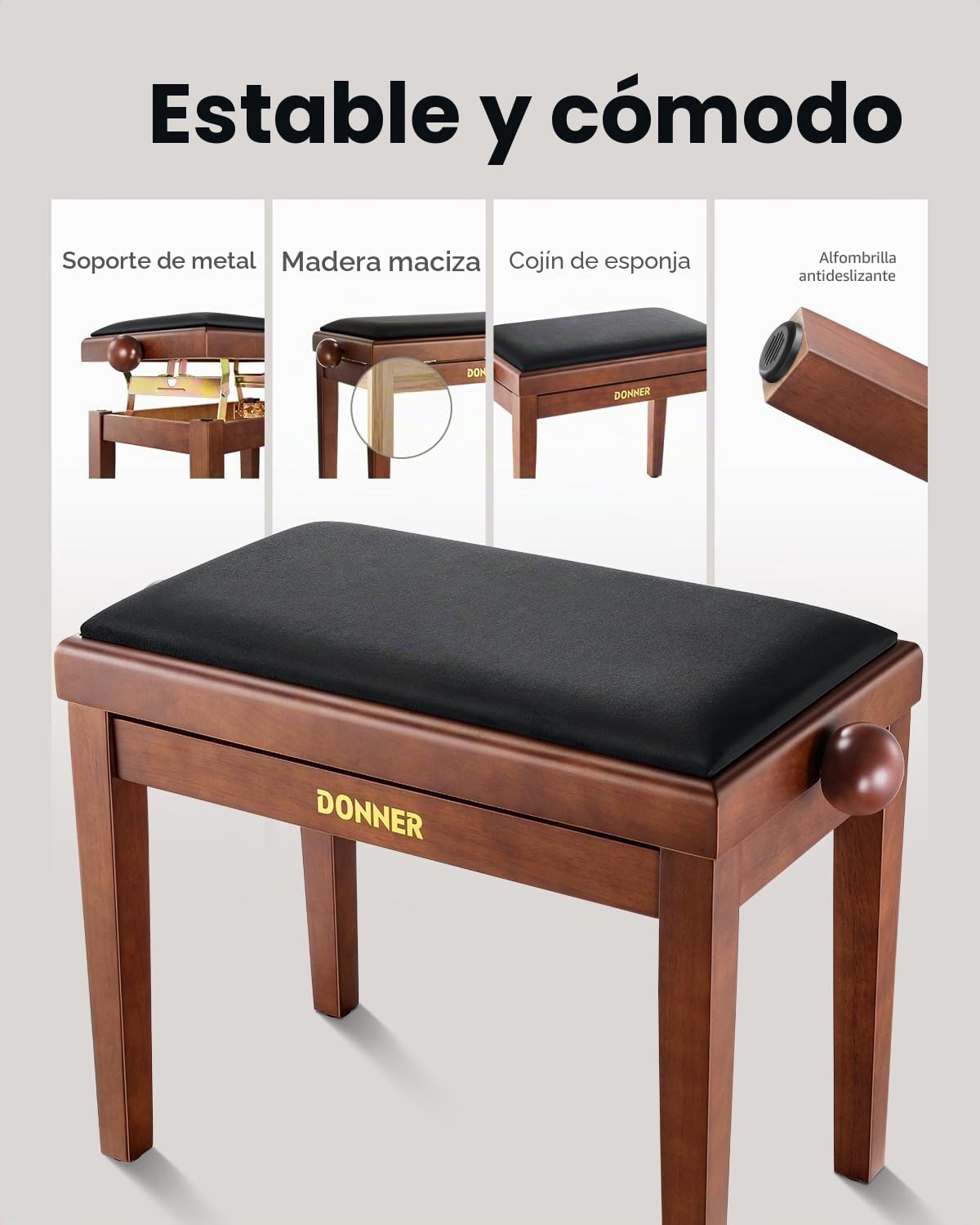 Donner Taburete de Piano Ajustable, Banco de Piano de Madera Maciza con Asiento de Piano y Cojín de Esponja de Alta Densidad, Taburete de Piano de Madera con Elevadores Metálicos, Marrón