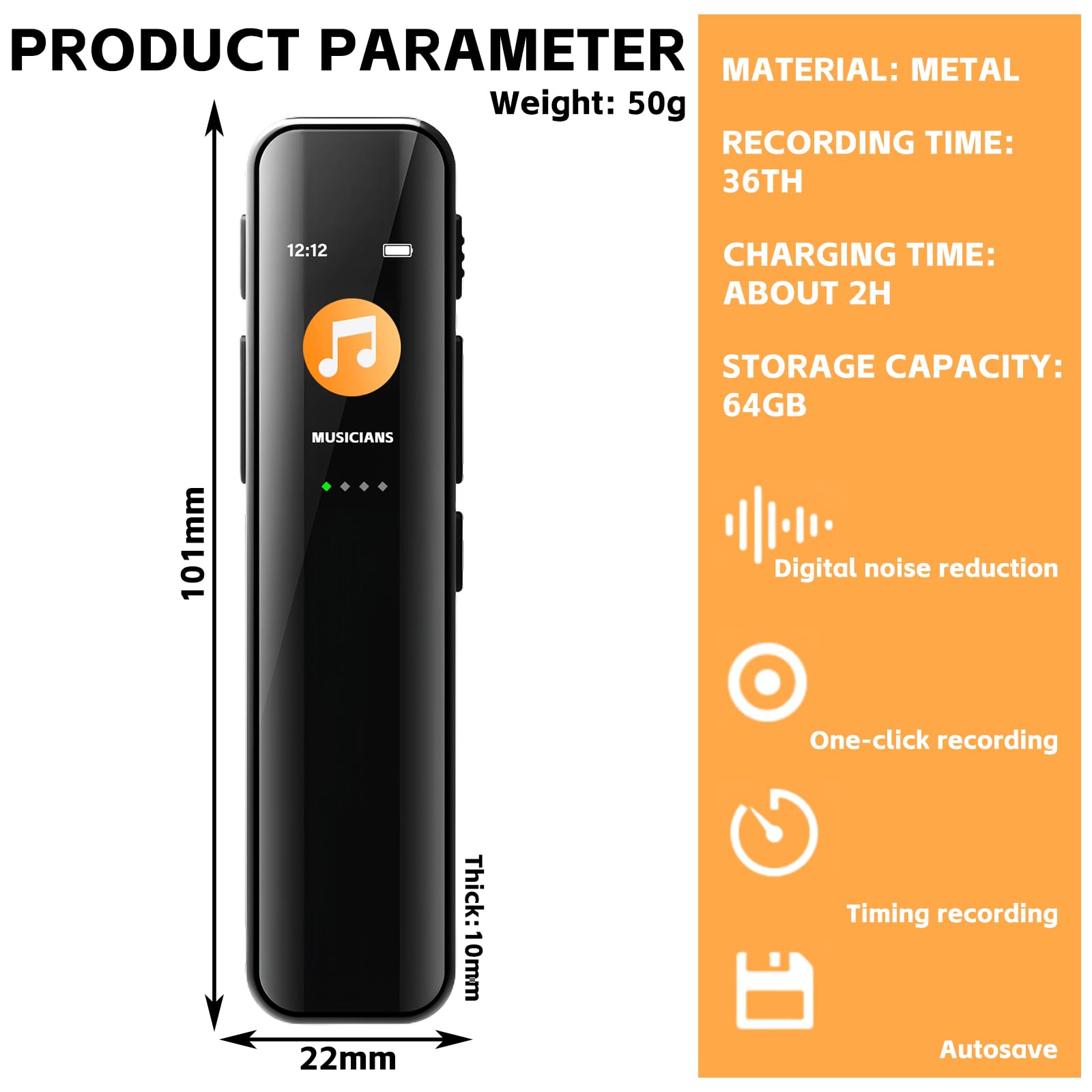 Diktiergerät Mini 64GB, Aufnahmegerät, Digitales Diktiergerät, Diktiergerät Digital mit Wiedergabe, Audio Recorder für Besprechungen Unterricht Interviews, One-Touch Aufnahme Voice Recorder