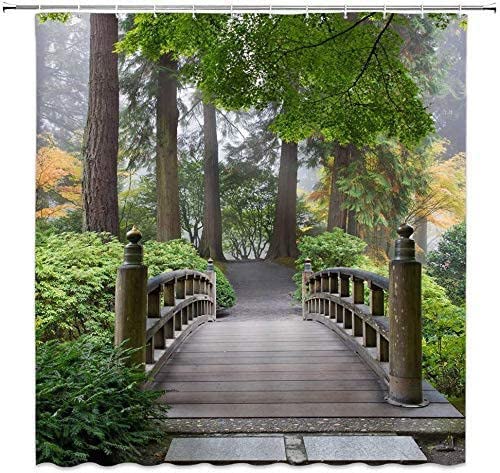 Green Tree Natural Scenery Garden Wooden Bridge Design Style Pattern 3D Printing Shower Curtain Waterproof Polyester Material 12 Hook Bathroom Accessories Home Decoration 72Wx79H inch