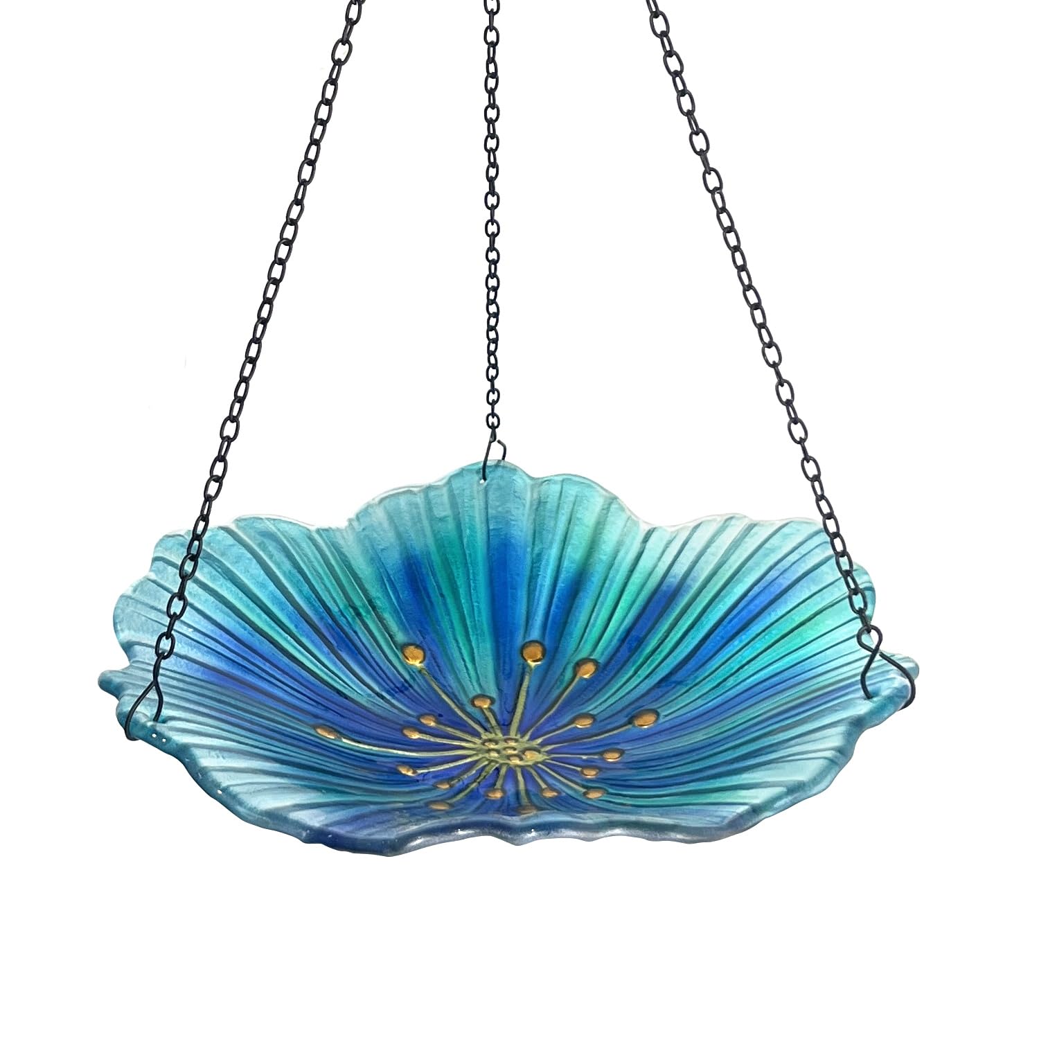 HONGLAND Bird Baths for Outdoors, Glass Birdbaths Outdoor Birdfeeder with Metal Stake (Light Blue with Hanging)