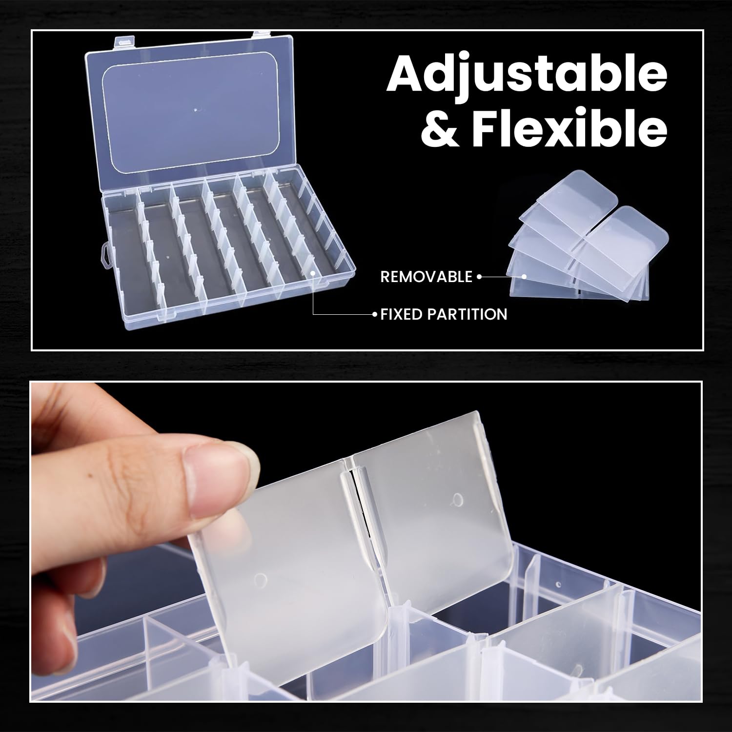 Confezione da 4 scatole organizer in plastica trasparente a 36 griglie con separatori regolabili per artigianato, gioielli, attrezzatura da pesca, archiviazione di pezzi con 4 fogli di etichette