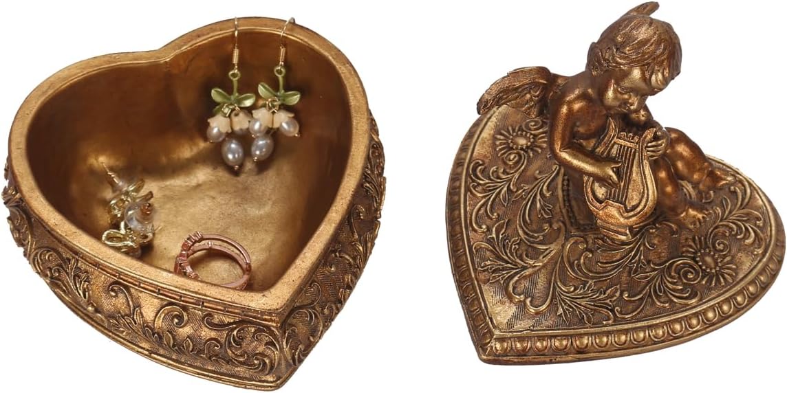 S-MANTIS Vintage Box Antique Trinket Organizer Rings Earrings Storage Gilded Heart Shape Box With Sophisticated Floral Decor And Cherub Figurine Playing The Harp Lid Keepsake Gift (Antique Gold-Heart) image 3