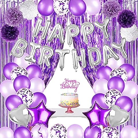 JOYYPOP Purple Birthday Decorations for Women or Girl,Purple Birthday Party Decorations with Happy Birthday Balloons,Happy Birthday Cake Topper, Paper Pompoms for Baby Shower Birthday Party Cover