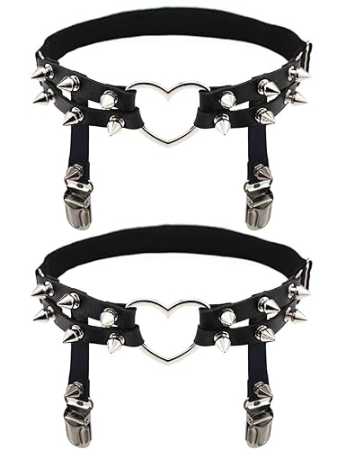 Adove Women Adjustable Leather Thigh Garter, Heart Shaped Leg Garter with Clips punk goth Garters for thigh high socks - 2p Black Heart-shaped