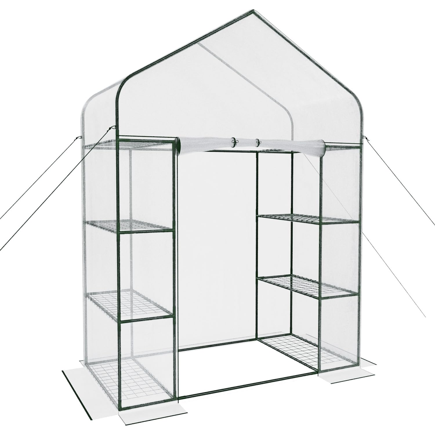 Serra Da Giardino Per Orto Con 8 Ripiani In Metallo Telaio A Casetta In Acciaio Telo Trasparente In PVC Porta Avvolgibile Apertura A Cerniera Protezione Piante Giardinaggio 143 x 74 x 195 Cm