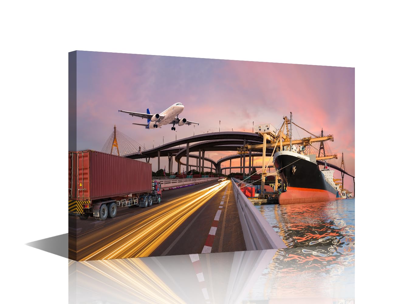 TISHIRON 1 Panels Canvas Wall Decor Modern Art Panorama Transport and Logistic Concept by Truck Boat Plane Picture Poster for Bedroom Living Room Wall Decorations, Ready to Hang, 24" Wx16 H