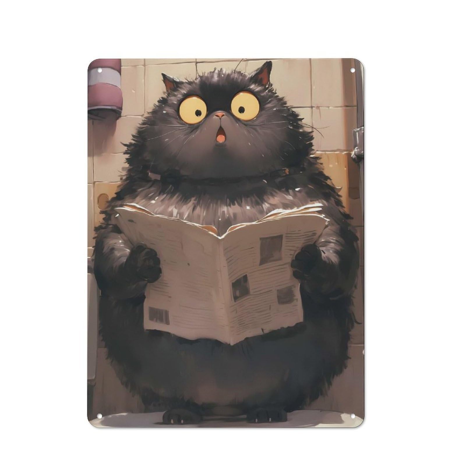 Junmoney Surprised Cat Reading Newspaper Metal Plaque 40X30cm With For Hallway Wall, Retro Decor, For Themed Interiors In Hallways And Entrance Areas