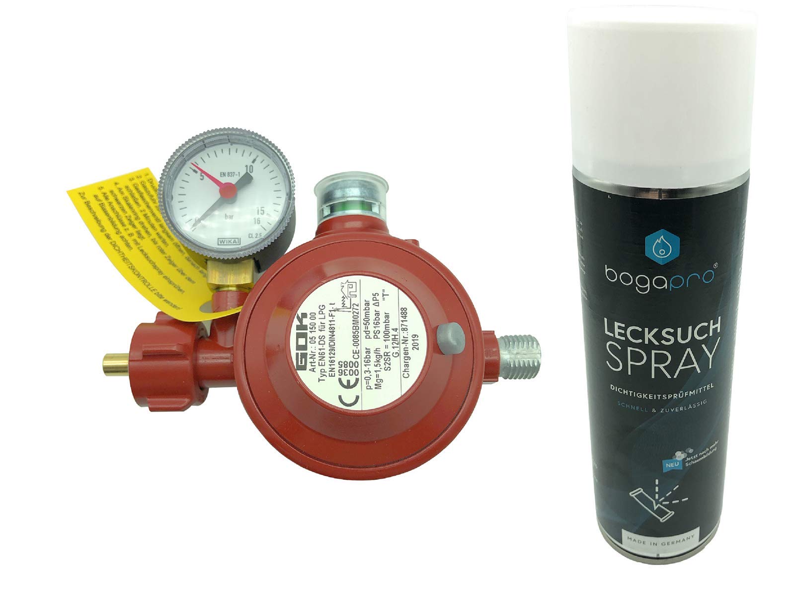 Regolatore domestico GOK 50 mbar con spray per la ricerca di perdite da 400 ml