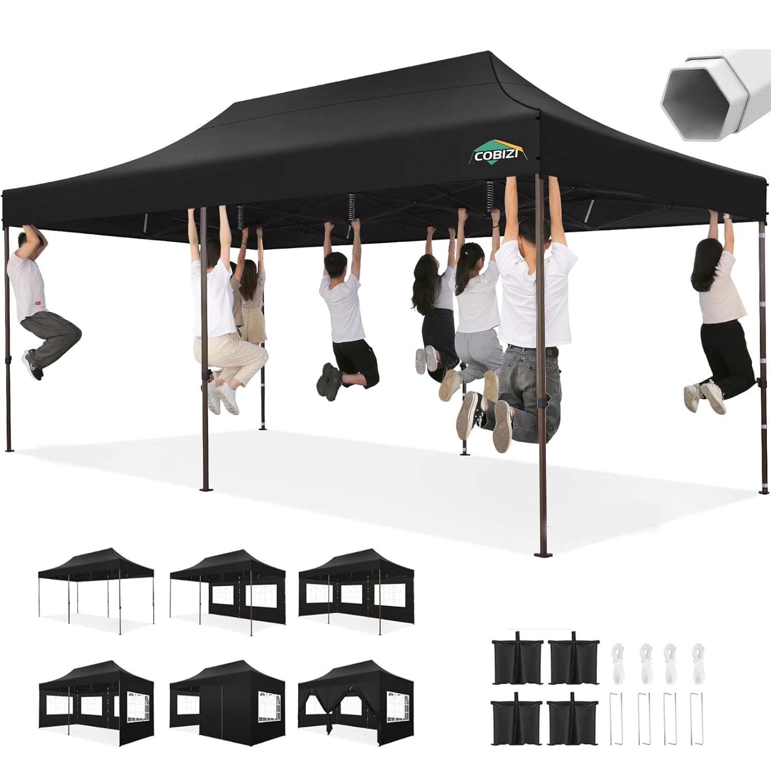 COBIZI Wind & Waterproof Heavy Duty 10x20 Pop Up Gazebo Tent for Backyard Parties, Black COBIZI Thickened Frame 10x20 Wi