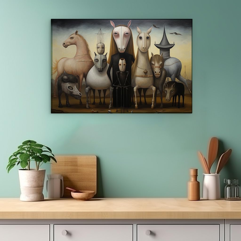 Canvas for Living Room. Mystery in Desolation: The Surreal Dance of Figure and Horses Under a Brooding Sky, 27 x 18 inch Canvas Wall Art - Contemporary Masterpieces - Nature Home Decor
