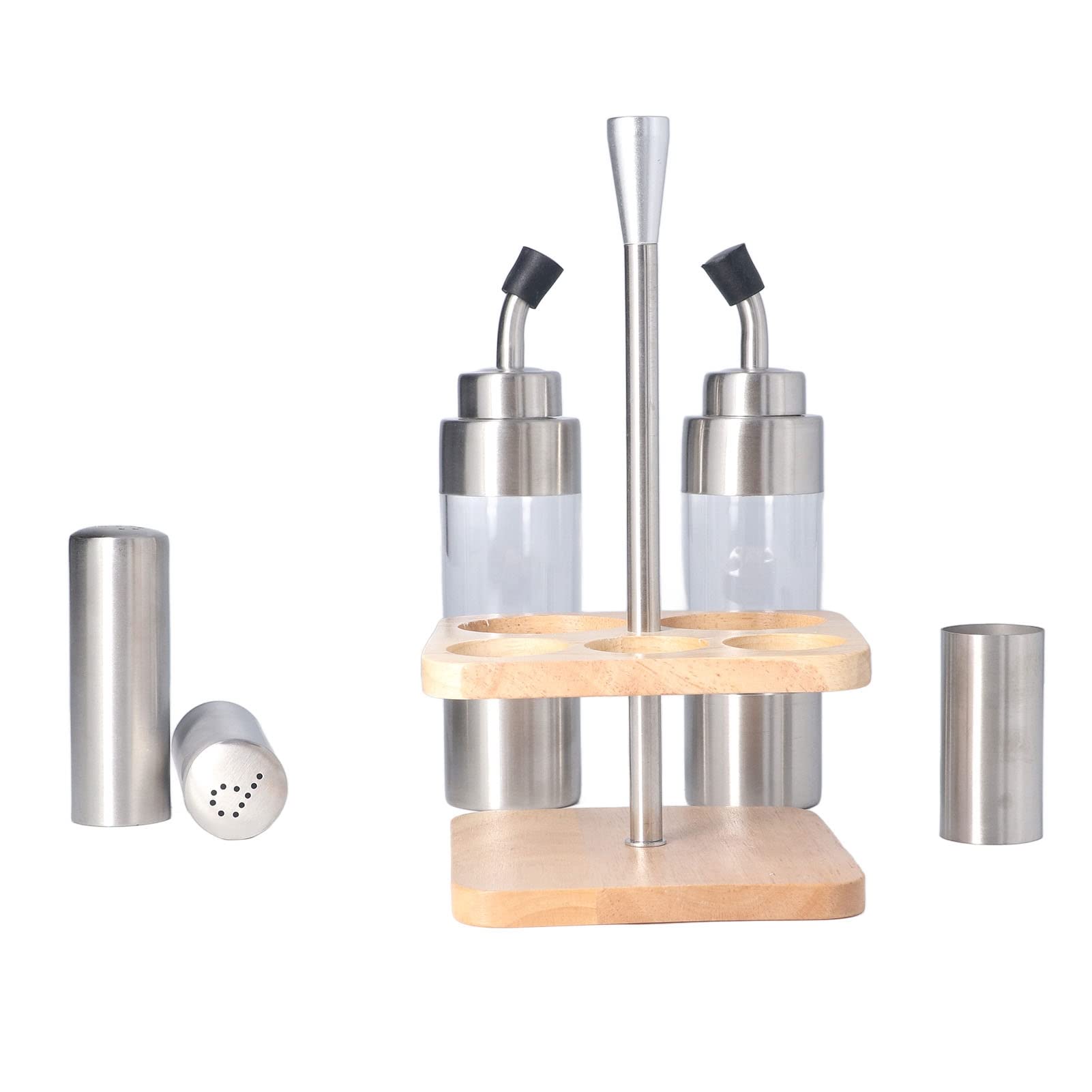 Gewürzflaschen-Set mit Holzregal, 304 Edelstahl Küchentisch-Gewürzhalter für Öl, Salz, Sojasoße, Essig, 5-teiliger Gewürzspender mit Buchenholzständer