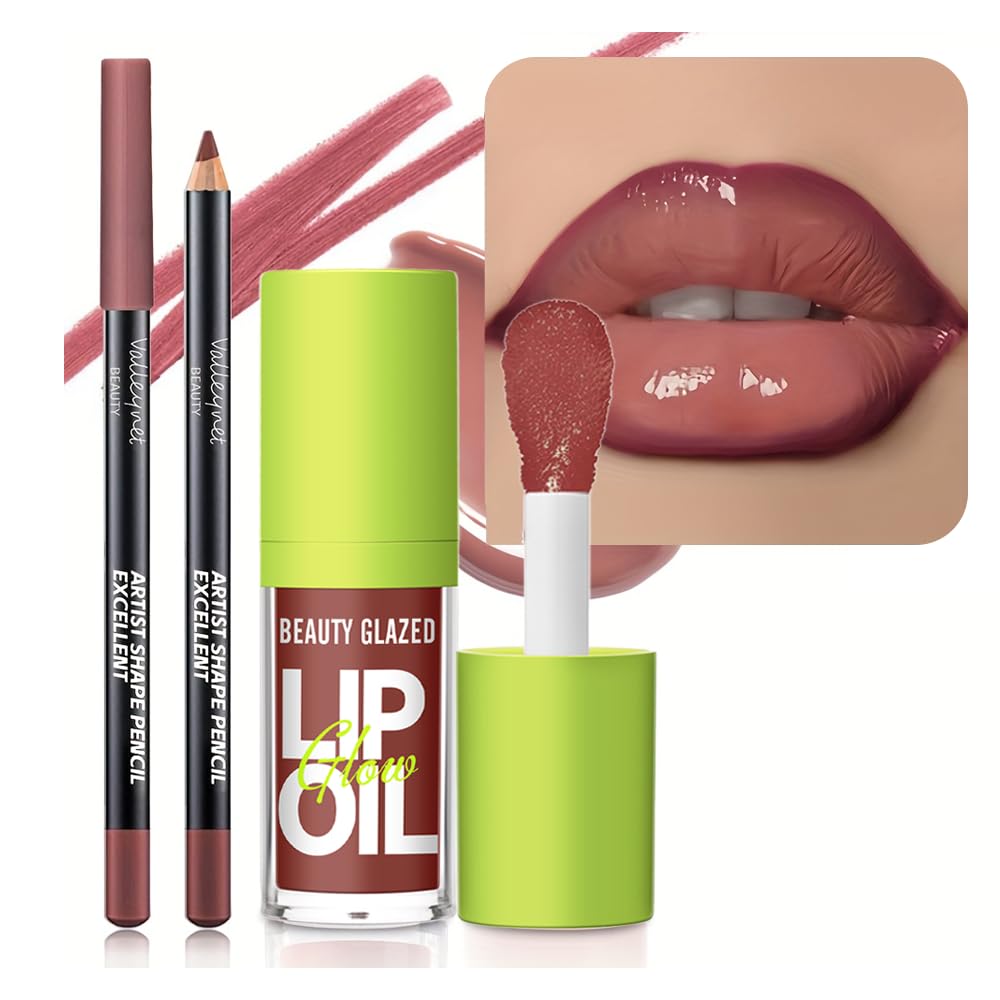 2Pcs Lip Gloss & Lip Liner Set – Berry Brown, 90s Ombre Lips, Retro Gradient Lip, Plumping Effect, Full Volume Lips, High Shine Gloss, Viral Lip Combo, Fuller Looking Lips, Glassy Lip Look (#V12+107)