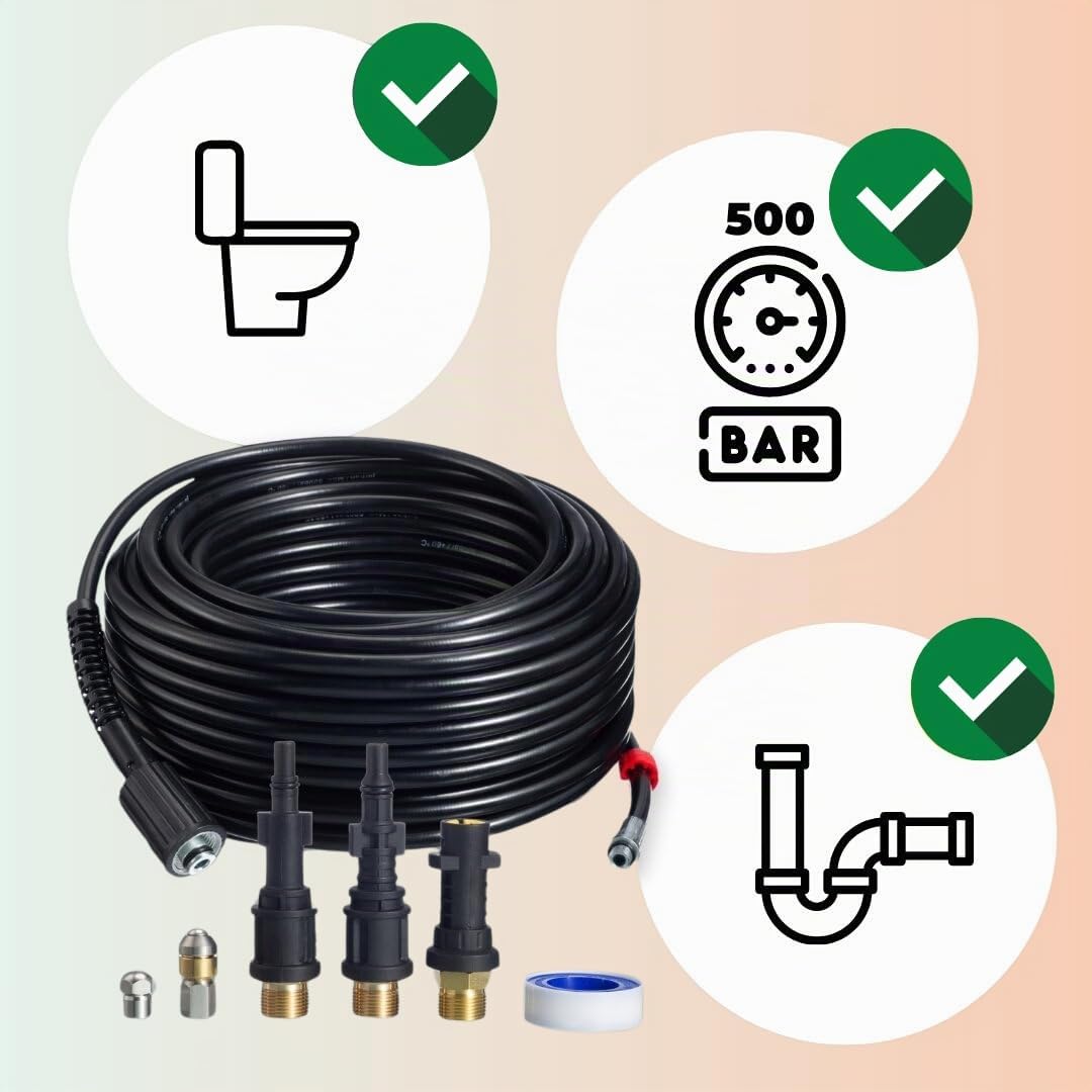 Kit de nettoyage de canalisations (30 m) – Kit avec 3 adaptateurs – Tuyau de nettoyage de canalisations haut pression de haute qualité