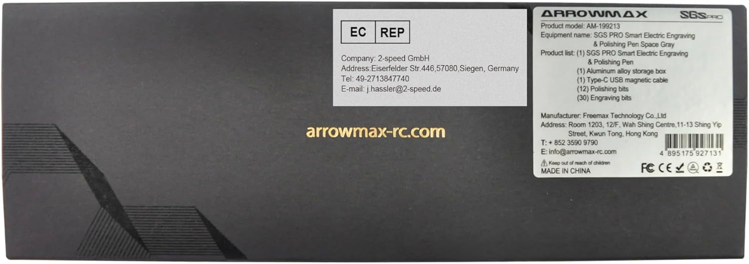 Back of the ARROWMAX SGS PRO product box showing manufacturer details, contact information, and product list.