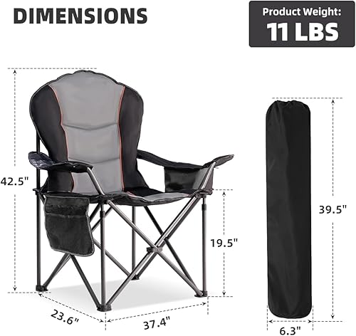 Miniatura 2 de Silla de camping grande con mesa auxiliar resistente de 500 libras, silla plegable para exteriores con bolsa enfriadora (negro y gris, 1 unidad)
