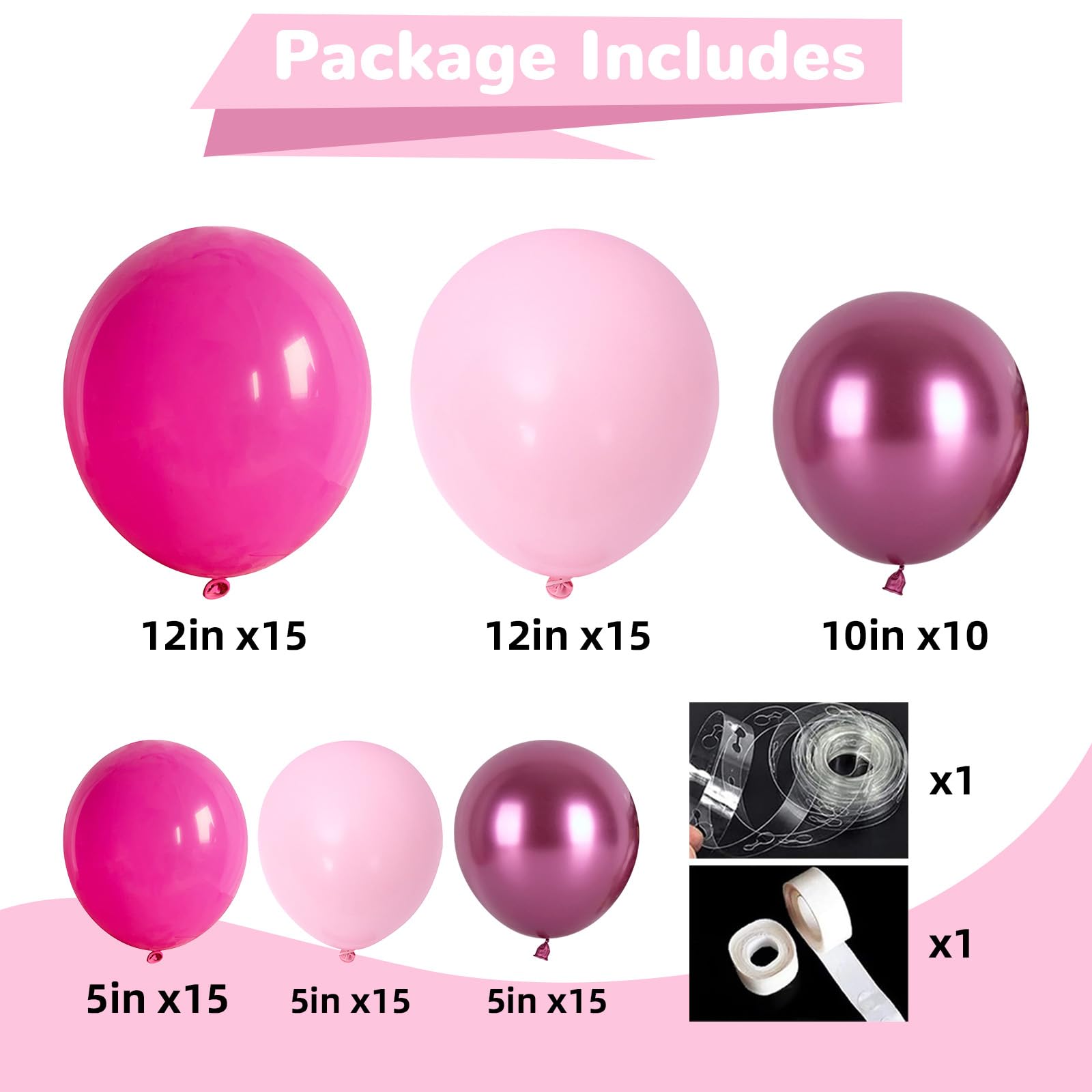 HILAVO Globos de guirnalda rosa, magenta, rosa, metálico, globos para fiestas, globos de látex rosa pastel rosa para niñas y mujeres, cumpleaños, bodas, princesas, baby shower, bayas, fresas