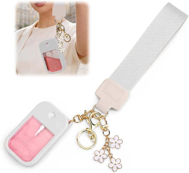 AIERSA Capa de silicone compatível com Touchland 30 mL com chaveiro de pulso e pingente de flor, branca