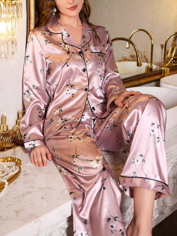 Image of Night Suit for Women with Full Sleeve Button-Down Top with Pant Dress for Woman, Cotton Night Dress for Woman, Two-Piece Loungewear Set