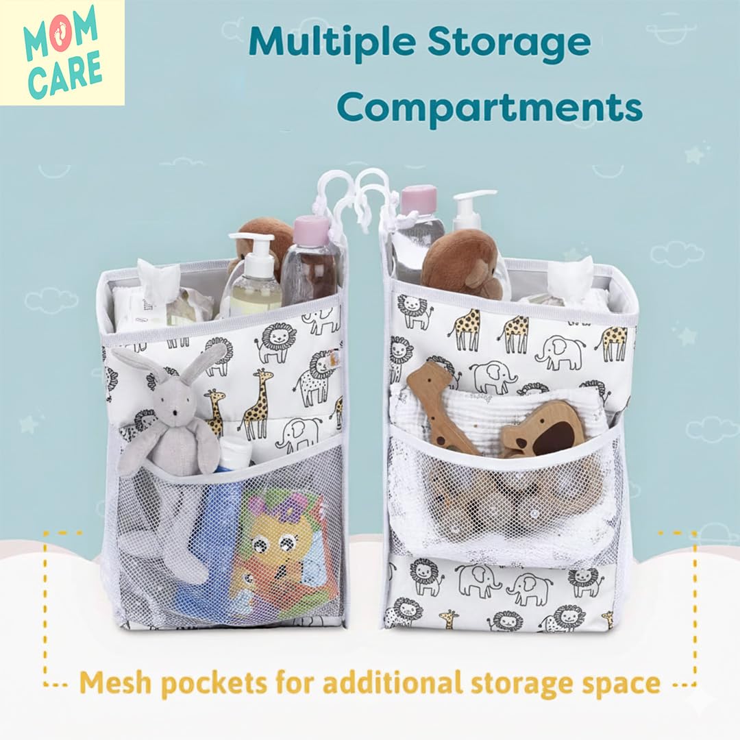 MOM CARE Hanging Diaper Caddy Organizer Crib Storage Bag Nursery Essentials Holder Nappy Stacker For Changing Table Playard Wall Mount Large Capacity Mesh Pockets Safari Print 3