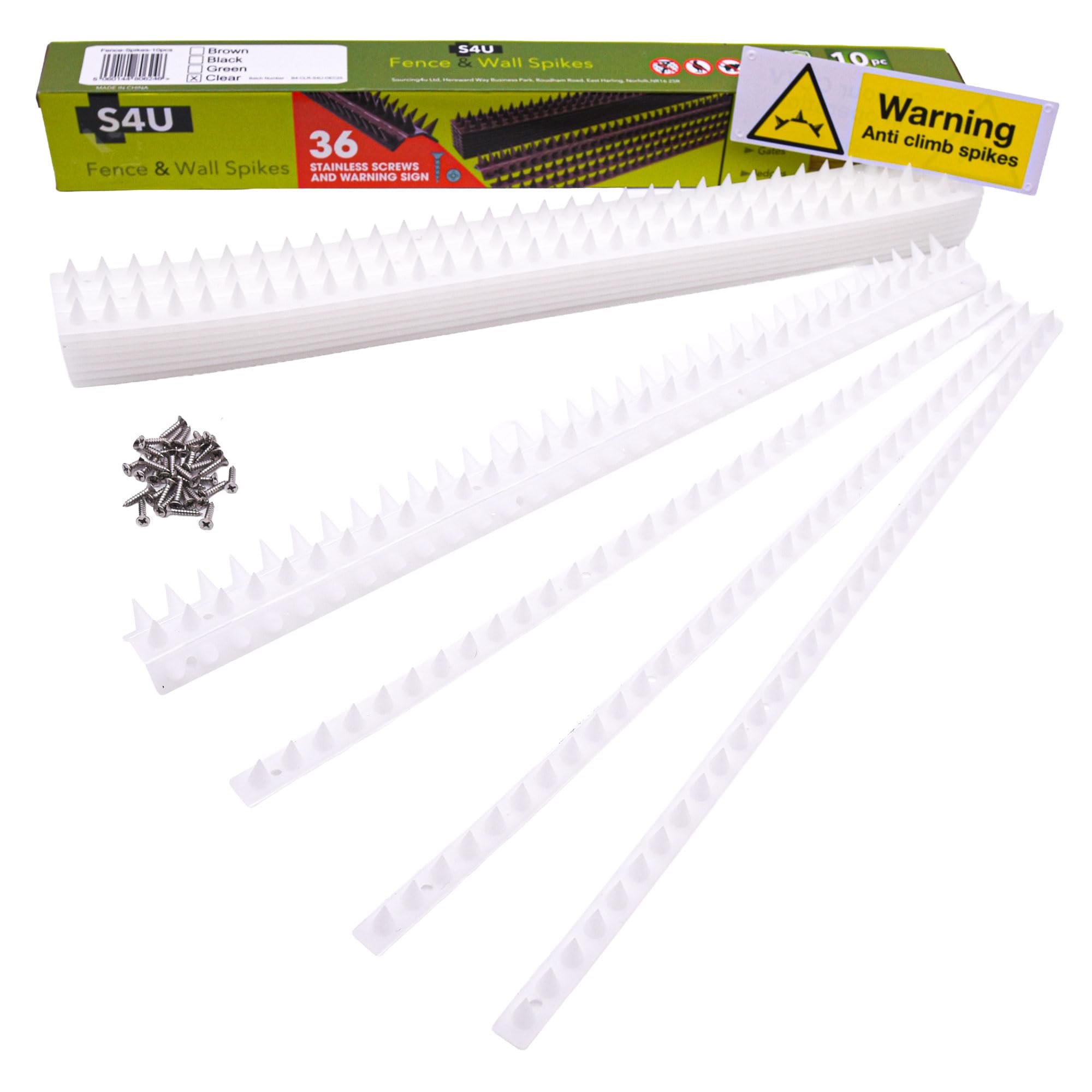S4U Fence Wall Spikes Garden Security Guard Anti-Pigeon Cat Bird Spikes Intruder Pest Deterrent 50 x 4.5 x 1.5cm Warning Sign & Screws Included (15m, 30pcs - Opaque)