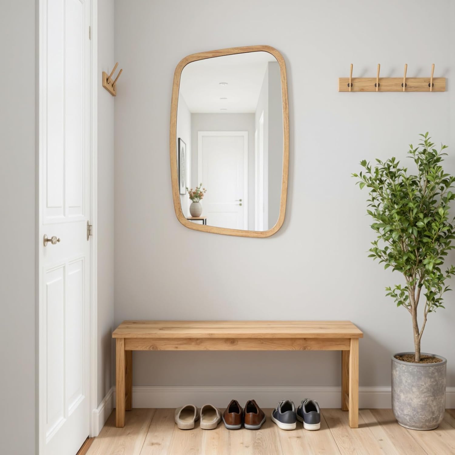 20"x31" Natural Wood Wall Mirror,Farmhouse Irregular Bathroom Mirror,Rustic Wooden Frame Vanity Mirror Horizontal/Vertical Hanging for Bedroom Living Room Entryway