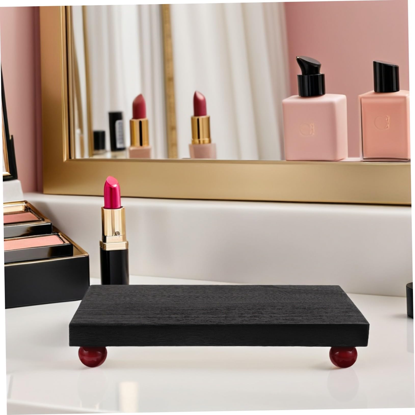 Vassoio Rettangolare in Legno Nero per Profumi e Cosmetici | Uso Versatile su Bagno o Studio, Piano Organizer per Oggetti e Profumi, Formato Compatto da Tavolo