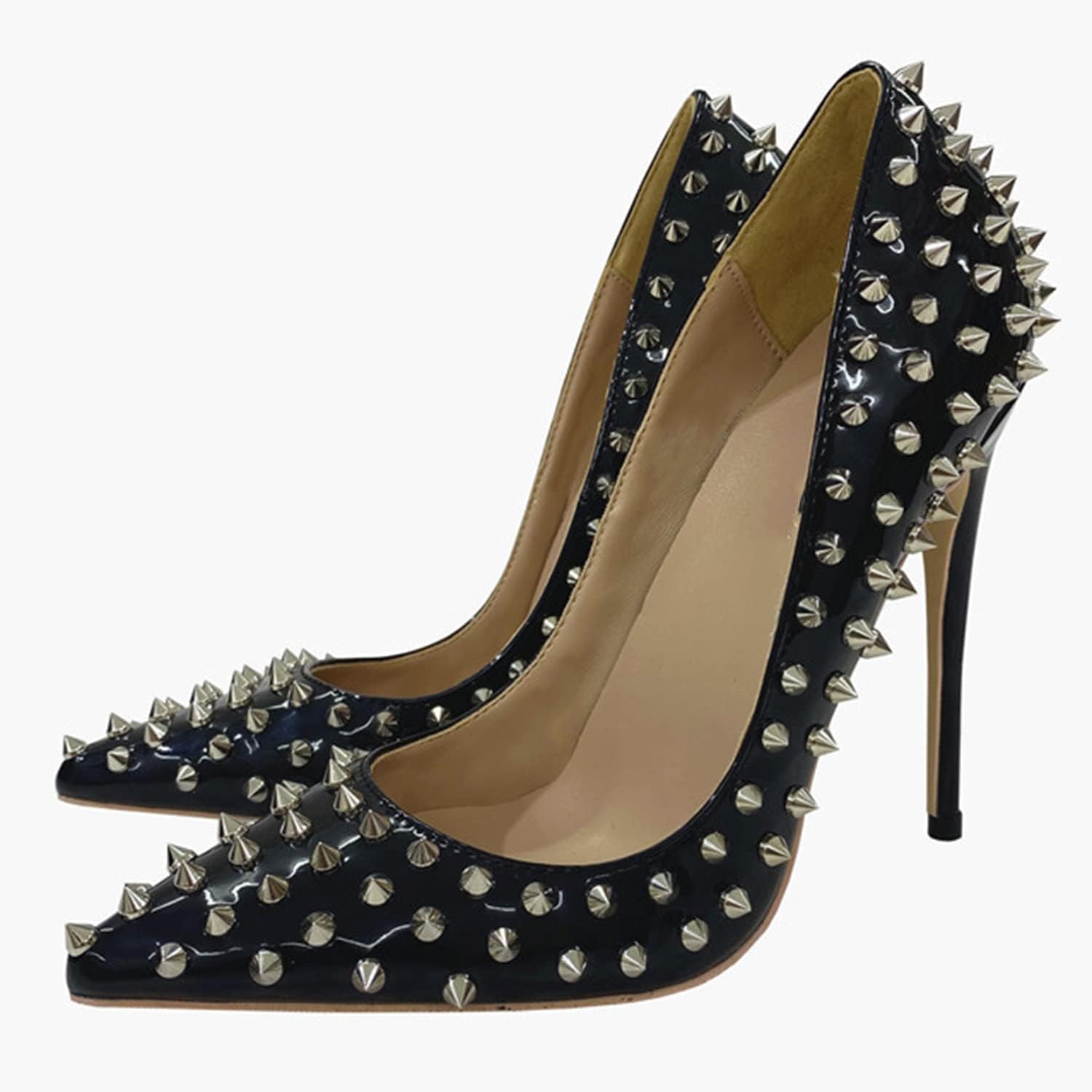 SPONYBORTY Women's Studded Pointed Toe High Heels with 4.7 Inch Stiletto Heel Studded Slip On Wedding Bridal Dress Evening Shoes thigh/Black/38EU