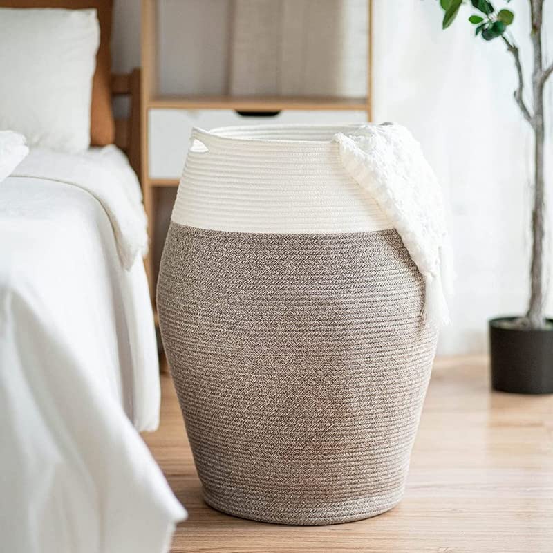 Image of GRATIFY Large Woven Rope Laundry Basket, 80 L Tall Dirty Clothes Hamper with Handles Storage Blankets, Toy for Bedroom, Living Room (Mix Brown White 1 Pcs)