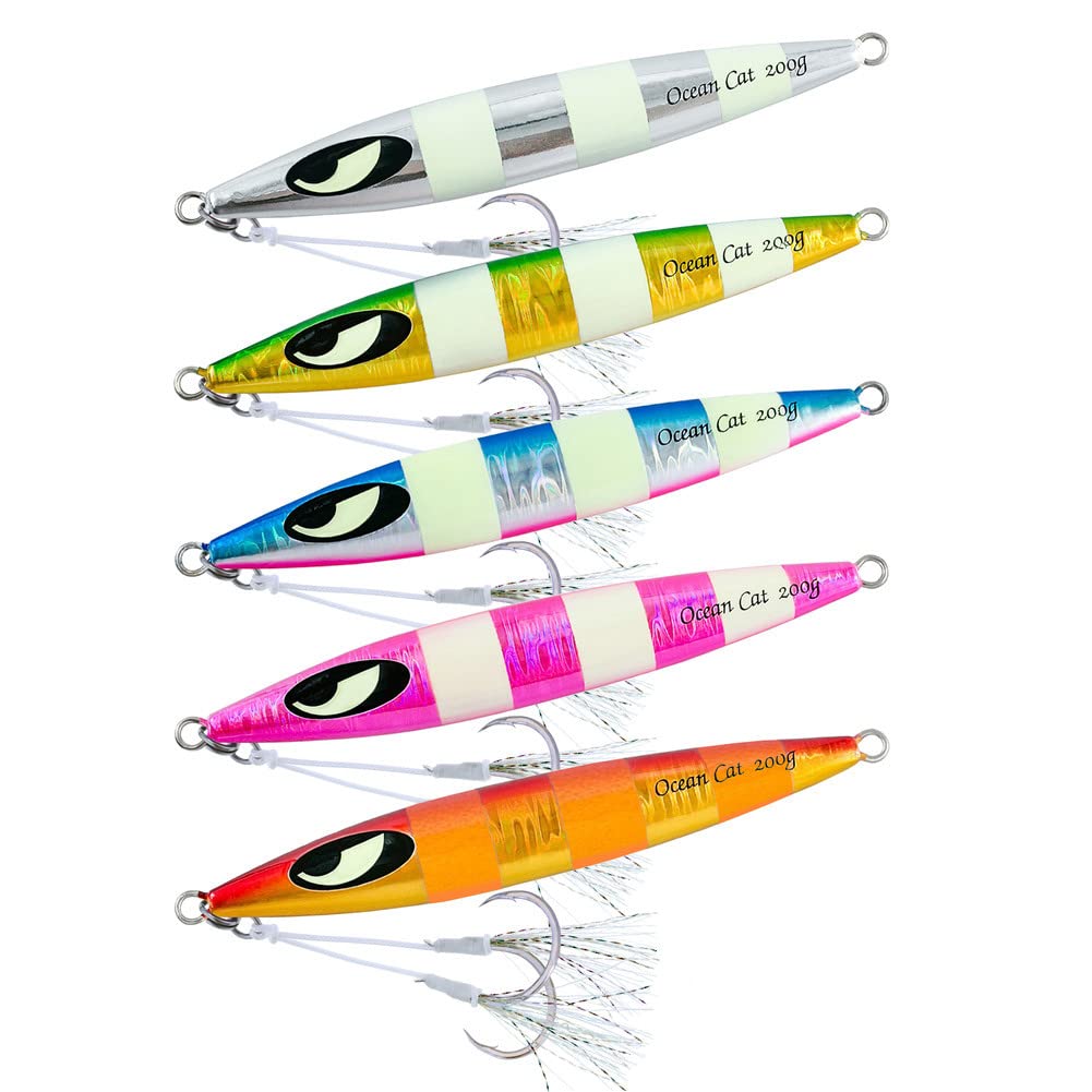 Ocean Cat 1 PC Slow Fall Pitch Pesca señuelos hundimiento Plomo Metal Jigging Cebo con Gancho para Pesca de Agua Salada 10 – 16 cm 60G/80G150/200G/250G, 2 5/6oz(80g), Each Color 1 pc(All 5 pcs)