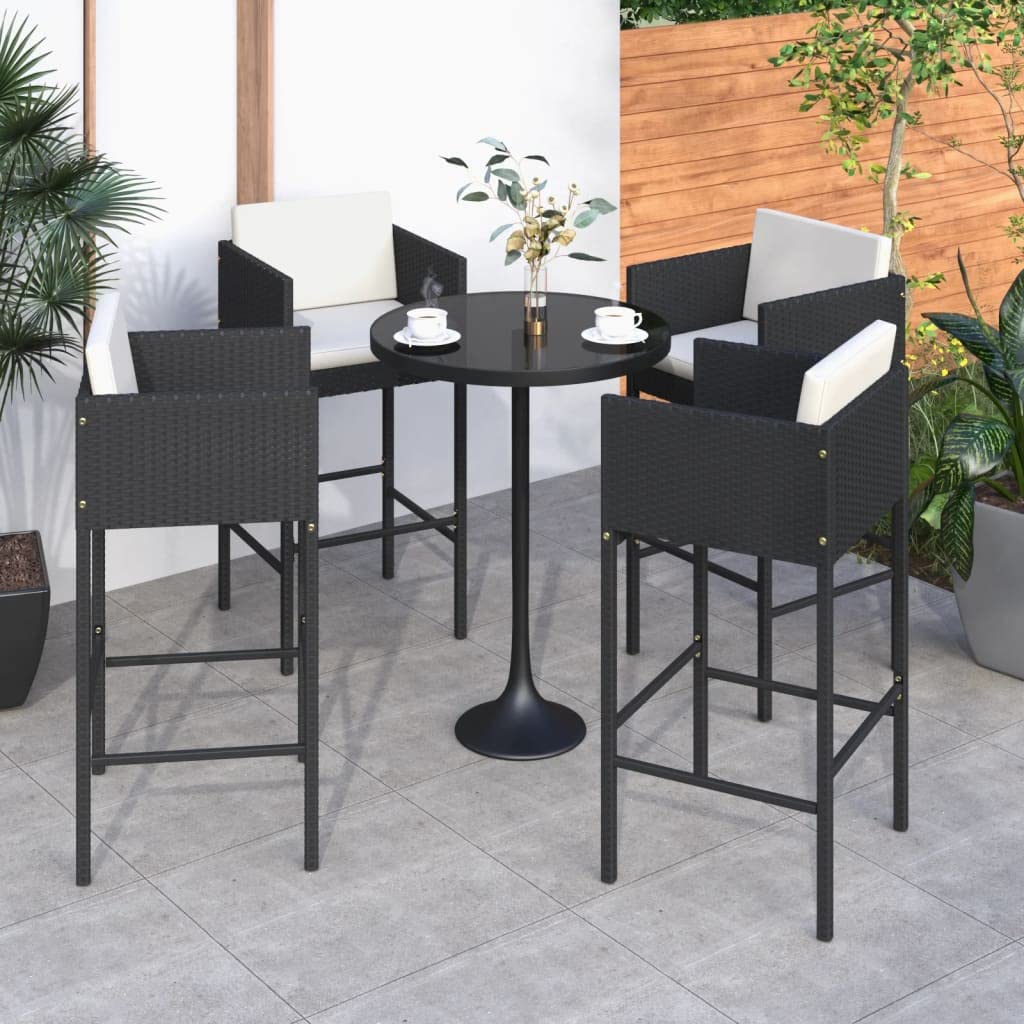 Tabourets de bar lot de 4 en résine tressée noire avec coussins de jardin