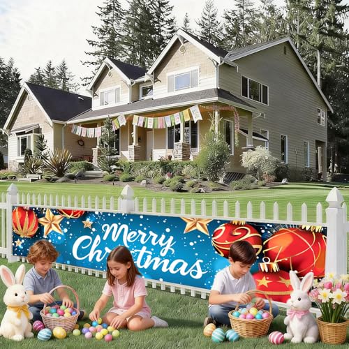 Image of Christmas Ball Ornament Outdoor Banner 78.7 x 17.7 Inch Red and Gold Decoration with Stars Snowflakes and Sparkling Lights Festive Holiday Backdrop for Yard Garden Porch Fence or Patio Display