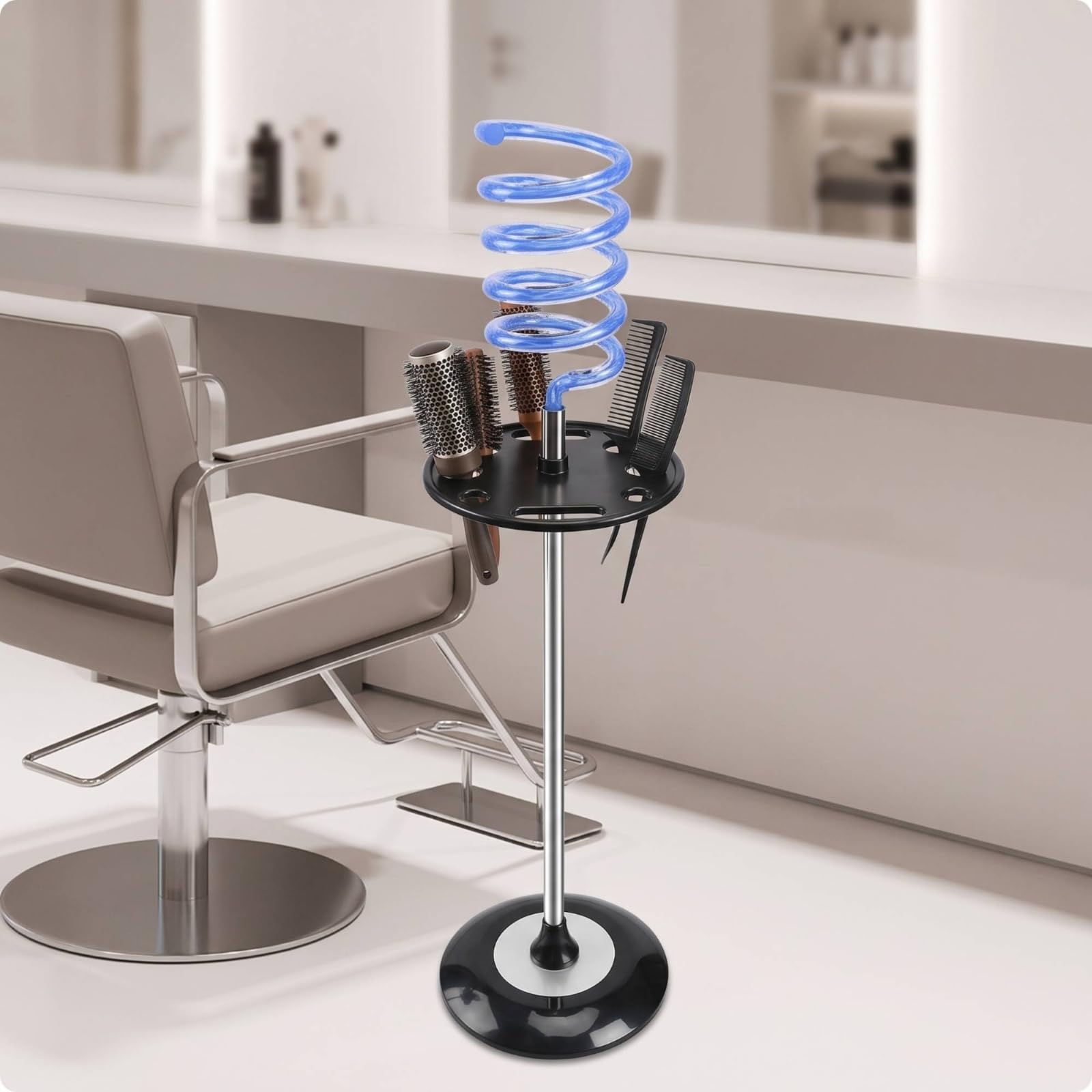 TISHITA Soporte Secador de Pelo Soporte Organizador Montaje de Suelo Soporte de Pie Estructura Estable Soporte en Espiral con Ranuras para Accesorios Adecuado , Azul