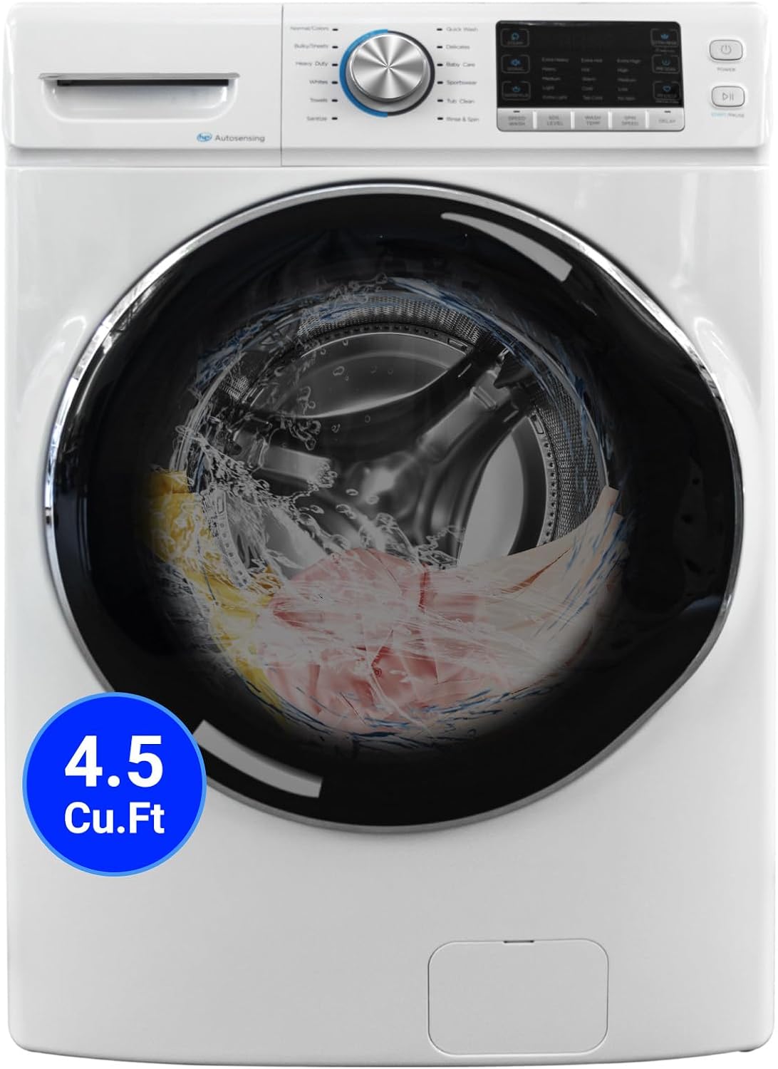 27" 4.5 Cu.Ft Front Loading Washing Machine, 18 Lbs Clothes Washer for Family, Water Plus, Steam, 12 Washing Cycles, 120V, White