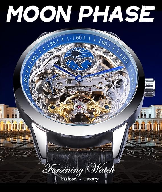 Image of PIENO FORSININGG Men's Skeleton Moon Phase Watch Mechanical Self-Wind Tourbillon Dual Time Zone Watches Automatic Luxury Leather Strap Large Dial