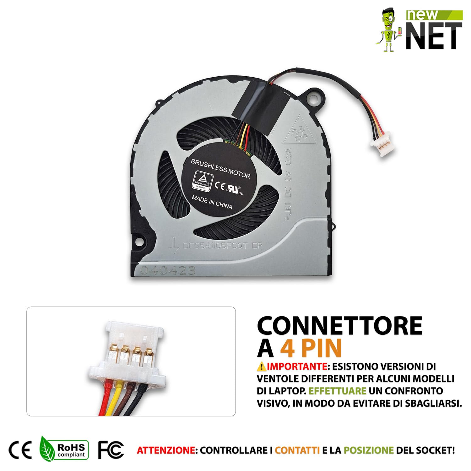 New Net - Ventola CPU Fan compatibile con Acer Aspire 3 A315-23, A315-23G, A315-31, A315-32, A315-33, A315-41, A315-41G, A315-42, A315-42G, A315-51, A315-52 [4 pin - 5 V]