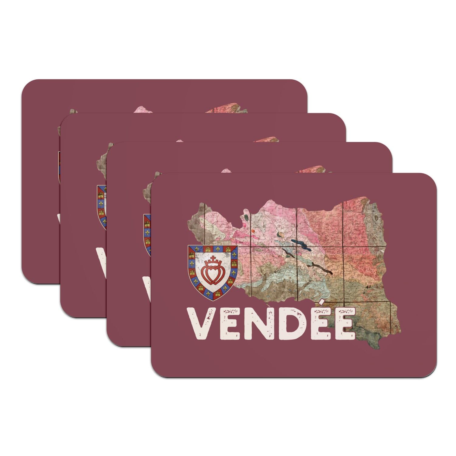 Sets de table Vendée 85 La Roche sur Yon carte ancienne rouge x4