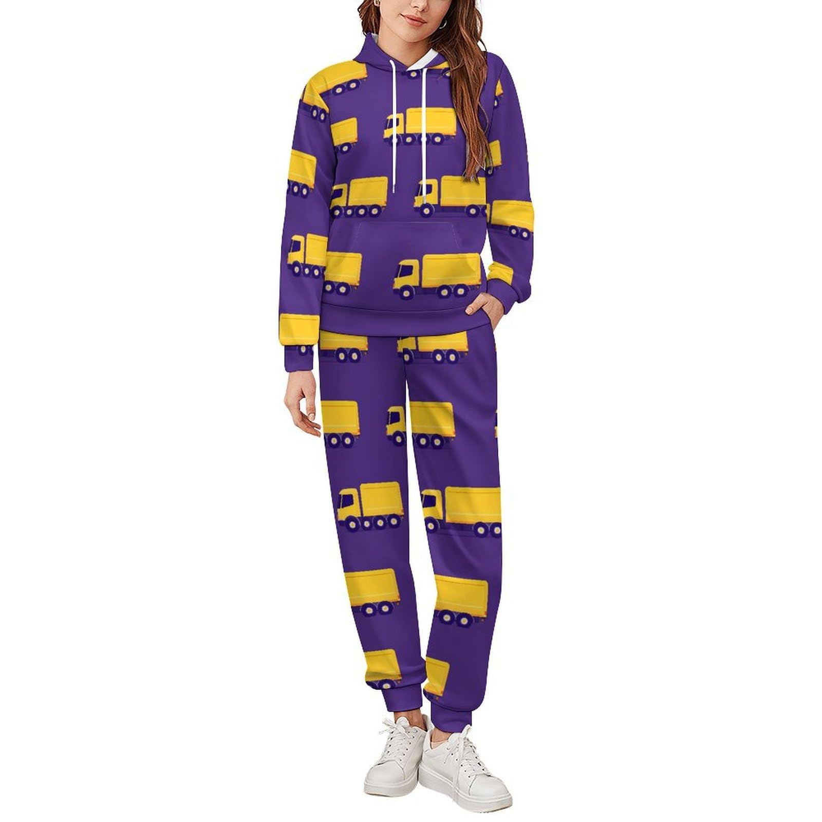 Giallo Truck Pattern Tute per gli Uomini Manica Lunga Felpa Con Cappuccio E Pantaloni Della Tuta Joggers Set Moda Tute