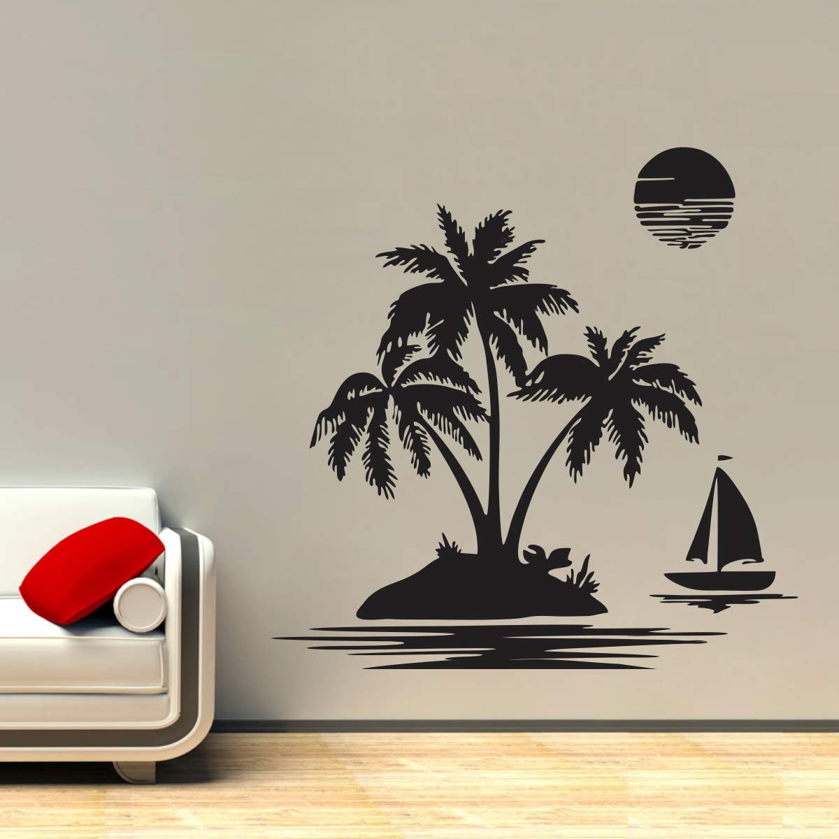 VCREATE DECOR Coconut Tree with Ship Wall Sticker & Decal (PVC Vinyl,Size-58 Cm X 53 Cm)