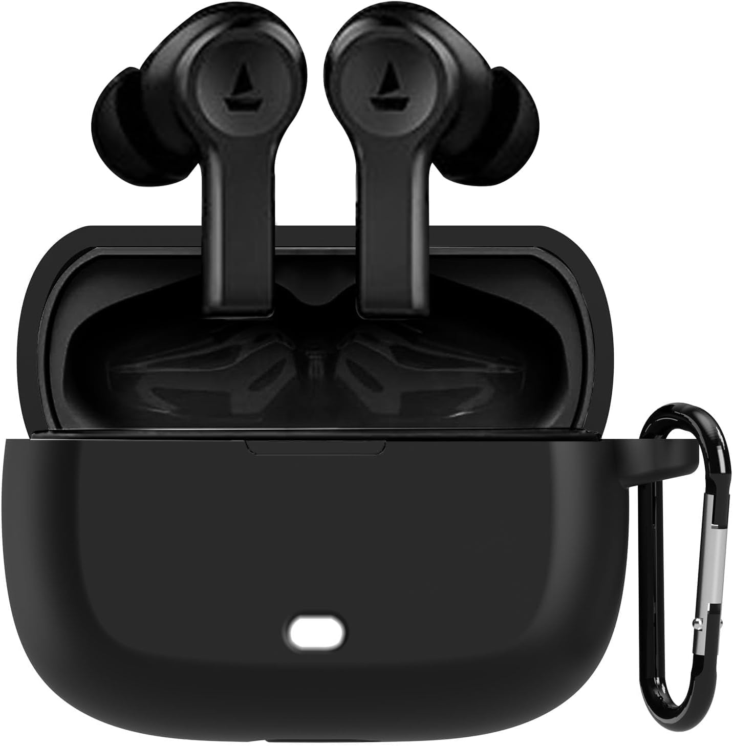 Sounce Case Cover for Boat Airdopes Flex 454 ANC, 360° Protection, Shockproof Design, Scratch Resistant, Silicone Case with Keychain (Front LED Visible) - Black