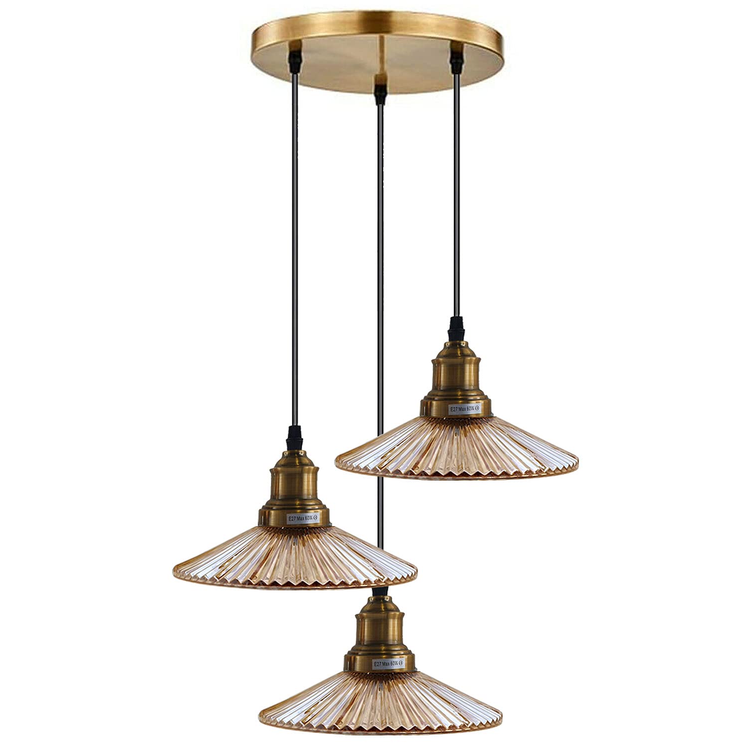 Triple Head Ribbed Glass Ceiling Pendant Light Brass Finish 95cm Adjustable Cable 20cm Ceiling Rose E27 Fitting for Kitchen Island Dining Room Hallway Bedroom Modern Vintage Statement Lighting Fixture