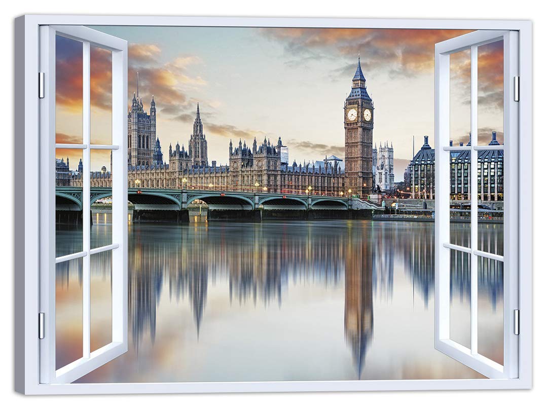 LuxHomeDecor Quadro finestra londra 100x75 cm Stampa su Tela con Telaio in Legno Arredamento Arte Arredo Moderno